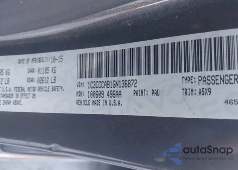 2016 Chrysler 200 Limited z USA, uszkodzony, nr VIN 1C3CCCAB1GN136872